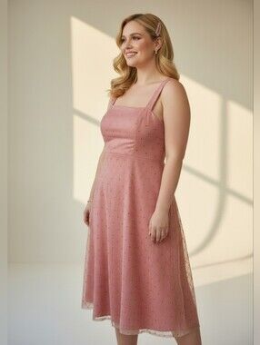 Sparkling Vintage Pink & Gold Glitter Diamond Mesh Square-Neck Dress